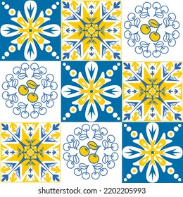 TalaVera de Puebla ceramic tile yellow blue white indigo colors, spanish portuguese traditional pattern vector illustration