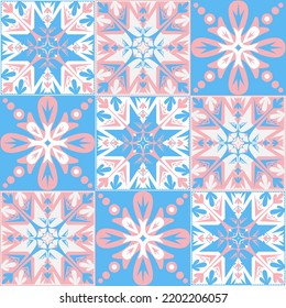 TalaVera de Puebla ceramic tile, traditional spanish portuguese pattern for wall and ceramic tile design, pink blue white illustration