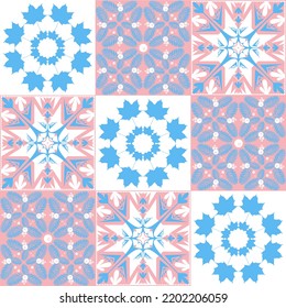 TalaVera de Puebla ceramic tile, traditional spanish portuguese pattern for wall and ceramic tile design, pink blue white illustration