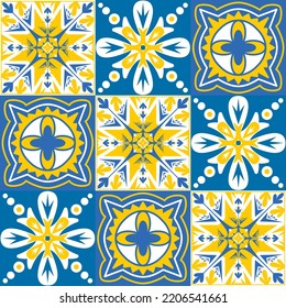 TalaVera de Puebla ceramic tile yellow blue white indigo colors, spanish portuguese traditional pattern for wall and ceramic tile design, vector illustration