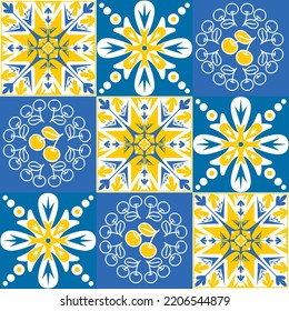 TalaVera de Puebla ceramic tile yellow blue white indigo colors, spanish portuguese traditional pattern for wall and ceramic tile design, vector illustration