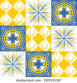 TalaVera de Puebla ceramic tile yellow blue white indigo colors, spanish portuguese traditional pattern for wall and ceramic tile design