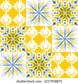 TalaVera de Puebla ceramic tile yellow blue white indigo colors, spanish portuguese traditional pattern for wall and ceramic tile design