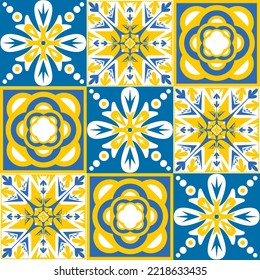 TalaVera de Puebla ceramic tile yellow blue white indigo colors, spanish portuguese traditional pattern for wall and ceramic tile design, vector illustration