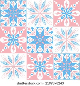 TalaVera de Puebla pastel colored ceramic tile, spanish portuguese pattern for ceramic tile design, pink blue white vector illustration