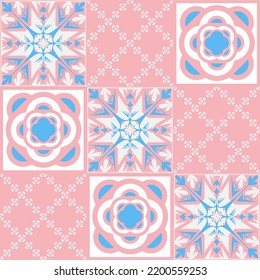 TalaVera de Puebla pastel colored ceramic tile, traditional spanish portuguese pattern for wall and ceramic tile design, pink blue white vector illustration