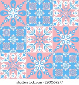 TalaVera de Puebla pastel colored ceramic tile, traditional spanish portuguese pattern for wall and ceramic tile design, pink blue white vector illustration