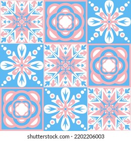 TalaVera de Puebla pastel colored ceramic tile, spanish portuguese pattern for ceramic tile design, pink blue white vector illustration