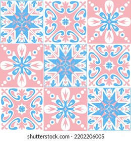 TalaVera de Puebla pastel colored ceramic tile, traditional spanish portuguese pattern for wall and ceramic tile design, pink blue white vector illustration