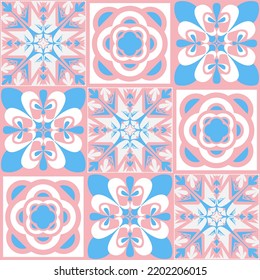 TalaVera de Puebla pastel colored ceramic tile, traditional spanish portuguese pattern for wall and ceramic tile design, pink blue white vector illustration