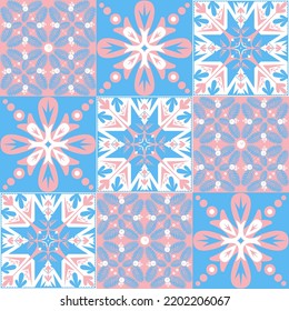 TalaVera de Puebla pastel colored ceramic tile, spanish portuguese pattern for wall design, pink blue white vector illustration