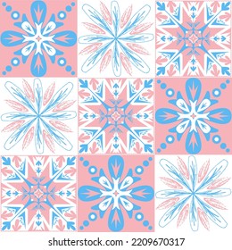 TalaVera de Puebla pastel colored ceramic tile, spanish portuguese pattern for wall design, pink blue white vector illustration