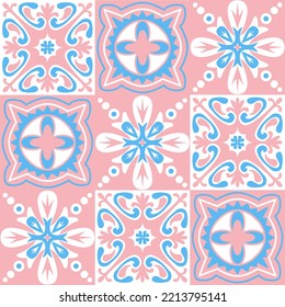 TalaVera de Puebla pastel colored ceramic tile, spanish portuguese pattern for ceramic tile design, pink blue white vector illustration