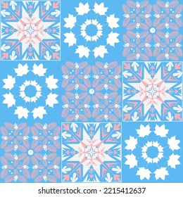 TalaVera de Puebla pastel colored ceramic tile, traditional spanish portuguese pattern design, pink blue white vector illustration