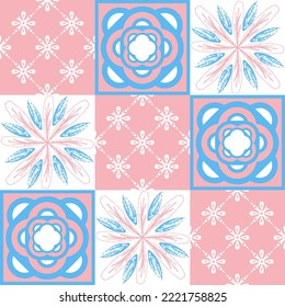 TalaVera de Puebla pastel colored ceramic tile, traditional spanish portuguese pattern for wall and ceramic tile design, pink blue white vector illustration