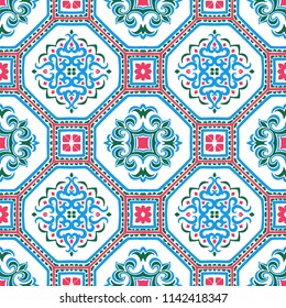 Talavera pattern.  Azulejos portugal. Turkish ornament. Moroccan tile mosaic. Spanish porcelain. Ceramic tableware, folk print. Spanish pottery. Ethnic background. Mediterranean seamless  wallpaper.