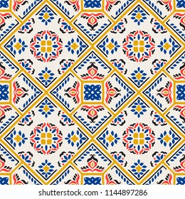 Talavera pattern.  Azulejos portugal. Turkish ornament. Moroccan tile mosaic. Spanish porcelain. Ceramic tableware, folk print. Spanish pottery. Ethnic background. Mediterranean seamless  wallpaper.
