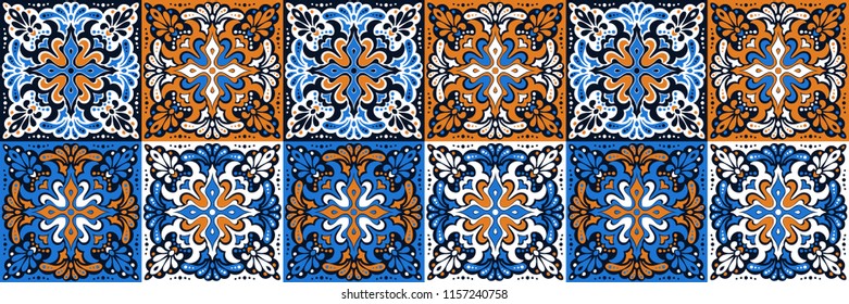 Talavera pattern.  Azulejos portugal. Turkish ornament. Moroccan tile mosaic. Spanish porcelain. Ceramic tableware, folk print. Spanish pottery. Ethnic background. Mediterranean seamless  wallpaper.