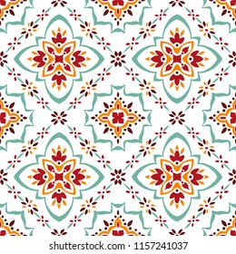 Talavera pattern.  Azulejos portugal. Turkish ornament. Moroccan tile mosaic. Spanish porcelain. Ceramic tableware, folk print. Spanish pottery. Ethnic background. Mediterranean seamless  wallpaper.