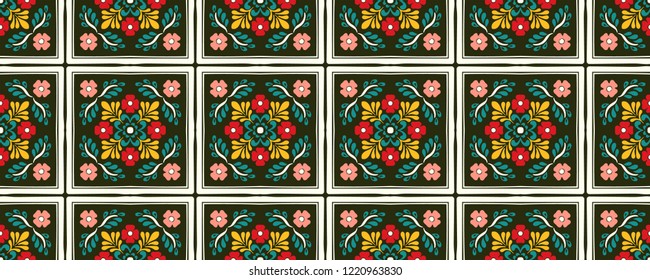 Talavera pattern. Azulejos portugal. Turkish ornament. Moroccan tile mosaic. Spanish porcelain. Ceramic tableware, folk print. Spanish pottery. Ethnic background. Mediterranean seamless wallpaper.