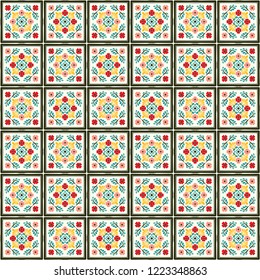 Talavera pattern. Azulejos portugal. Turkish ornament. Moroccan tile mosaic. Spanish porcelain. Ceramic tableware, folk print. Spanish pottery. Ethnic background. Mediterranean seamless wallpaper.