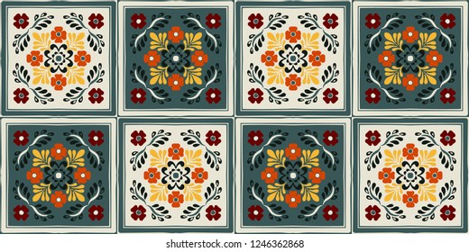 Talavera pattern. Azulejos portugal. Turkish ornament. Moroccan tile mosaic. Spanish porcelain. Ceramic tableware, folk print. Spanish pottery. Ethnic background. Mediterranean seamless wallpaper.