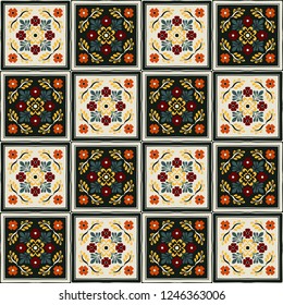 Talavera pattern. Azulejos portugal. Turkish ornament. Moroccan tile mosaic. Spanish porcelain. Ceramic tableware, folk print. Spanish pottery. Ethnic background. Mediterranean seamless wallpaper.
