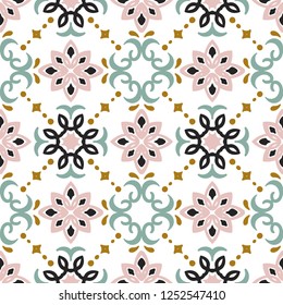 	
Talavera pattern. Azulejos portugal. Turkish ornament. Moroccan tile mosaic. Spanish porcelain. Ceramic tableware, folk print. Spanish pottery. Ethnic background. Mediterranean seamless wallpaper.