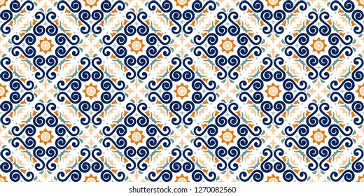 Talavera pattern. Azulejos portugal. Turkish ornament. Moroccan tile mosaic. Spanish porcelain. Ceramic tableware, folk print. Asian pottery. Ethnic background. Mediterranean  wallpaper. Art Deco.
