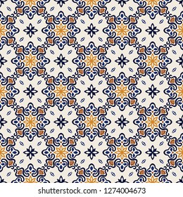 Talavera pattern. Azulejos portugal. Turkish ornament. Moroccan tile mosaic. Spanish porcelain. Ceramic tableware, folk print. Asian pottery. Ethnic background. Mediterranean seamless wallpaper.