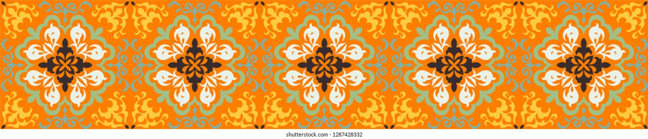 Talavera pattern. Azulejos portugal. Turkish ornament. Moroccan tile mosaic. Spanish porcelain. Ceramic tableware, folk print. Asian pottery. Ethnic background. Mediterranean wallpaper. Art Deco.