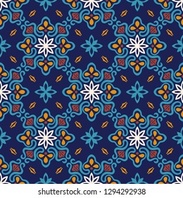 Talavera pattern. Azulejos portugal. Turkish ornament. Moroccan tile mosaic. Spanish porcelain. Ceramic tableware, folk print. Asian pottery. Ethnic background. Mediterranean seamless wallpaper.