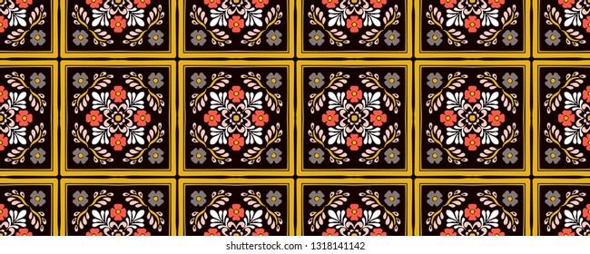 Talavera pattern. Azulejos portugal. Turkish ornament. Moroccan tile mosaic. Spanish porcelain. Ceramic tableware, folk print. Spanish pottery. Ethnic background. Mediterranean seamless wallpaper.