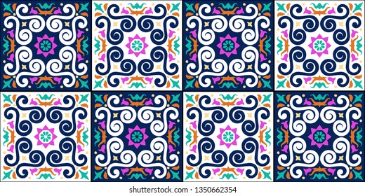 Talavera pattern. Azulejos portugal. Turkish ornament. Moroccan tile mosaic. Spanish porcelain. Ceramic tableware, folk print. Asian pottery. Ethnic background. Mediterranean  wallpaper. Art Deco.