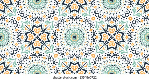 Talavera pattern. Azulejos portugal. Turkish ornament. Moroccan tile mosaic. Spanish porcelain. Ceramic tableware, folk print. Asian pottery. Ethnic background. Mediterranean  wallpaper. Art Deco.