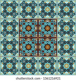 Talavera pattern. Azulejos portugal. Turkish ornament. Moroccan tile mosaic. Spanish porcelain. Ceramic tableware, folk print. Asian pottery. Ethnic background. Mediterranean  wallpaper. Art Deco.