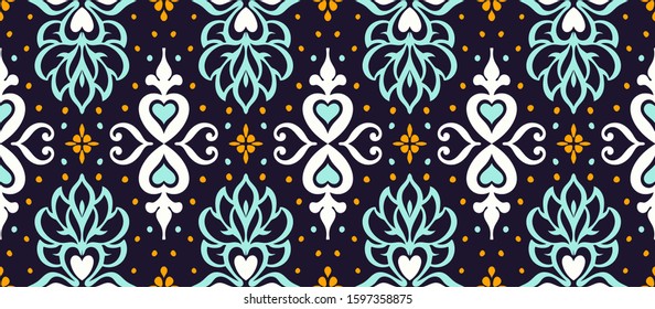 Talavera pattern. Azulejos portugal. Turkish ornament. Moroccan tile mosaic. Spanish porcelain. Ceramic tableware, folk print. Asian pottery. Ethnic background. Mediterranean wallpaper. Art Deco.