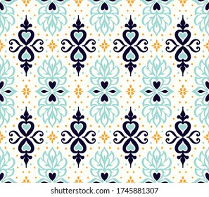 Talavera pattern. Azulejos portugal. Turkish ornament. Moroccan tile mosaic. Spanish porcelain. Ceramic tableware, folk print. Asian pottery. Ethnic background. Mediterranean wallpaper. Art Deco.