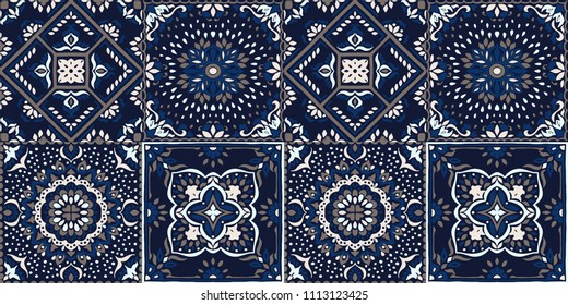 Talavera pattern.  Indian patchwork. Azulejos portugal. Turkish ornament. Moroccan tile mosaic. Ceramic tableware, folk print. Spanish pottery. Ethnic background. Mediterranean seamless  wallpaper.