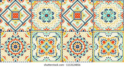 Talavera pattern.  Indian patchwork. Azulejos portugal. Turkish ornament. Moroccan tile mosaic. Ceramic tableware, folk print. Spanish pottery. Ethnic background. Mediterranean seamless  wallpaper.