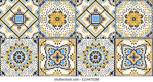 Talavera pattern.  Indian patchwork. Azulejos portugal. Turkish ornament. Moroccan tile mosaic. Ceramic tableware, folk print. Spanish pottery. Ethnic background. Mediterranean seamless  wallpaper.