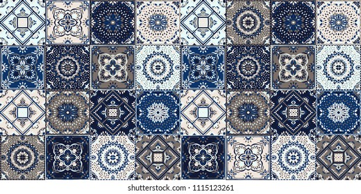 Talavera pattern.  Indian patchwork. Azulejos portugal. Turkish ornament. Moroccan tile mosaic. Ceramic tableware, folk print. Spanish pottery. Ethnic background. Mediterranean seamless  wallpaper.
