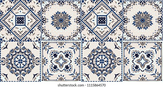 Talavera Pattern.  Indian Patchwork. Azulejos Portugal. Turkish Ornament. Moroccan Tile Mosaic. Ceramic Tableware, Folk Print. Spanish Pottery. Ethnic Background. Mediterranean Seamless  Wallpaper.