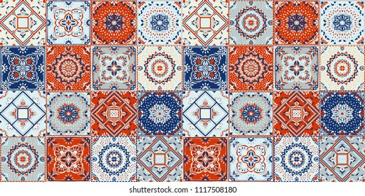 Talavera pattern.  Indian patchwork. Azulejos portugal. Turkish ornament. Moroccan tile mosaic. Ceramic tableware, folk print. Spanish pottery. Ethnic background. Mediterranean seamless  wallpaper.