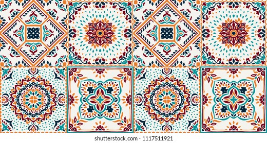 Talavera pattern.  Indian patchwork. Azulejos portugal. Turkish ornament. Moroccan tile mosaic. Ceramic tableware, folk print. Spanish pottery. Ethnic background. Mediterranean seamless  wallpaper.