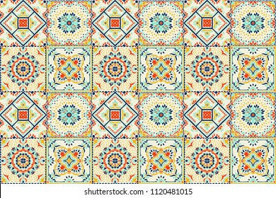 Talavera pattern.  Indian patchwork. Azulejos portugal. Turkish ornament. Moroccan tile mosaic. Ceramic tableware, folk print. Spanish pottery. Ethnic background. Mediterranean seamless  wallpaper.