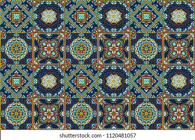 Talavera pattern.  Indian patchwork. Azulejos portugal. Turkish ornament. Moroccan tile mosaic. Ceramic tableware, folk print. Spanish pottery. Ethnic background. Mediterranean seamless  wallpaper.