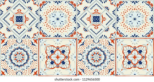 Talavera pattern.  Indian patchwork. Azulejos portugal. Turkish ornament. Moroccan tile mosaic. Ceramic tableware, folk print. Spanish pottery. Ethnic background. Mediterranean seamless  wallpaper.