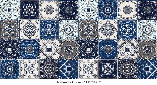 Talavera pattern.  Indian patchwork. Azulejos portugal. Turkish ornament. Moroccan tile mosaic. Ceramic tableware, folk print. Spanish pottery. Ethnic background. Mediterranean seamless  wallpaper.