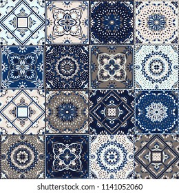 Talavera pattern.  Indian patchwork. Azulejos portugal. Turkish ornament. Moroccan tile mosaic. Ceramic tableware, folk print. Spanish pottery. Ethnic background. Mediterranean seamless  wallpaper.